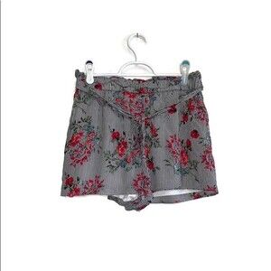 Staccato High Waisted Striped Floral Bow Tie Waist Shorts Black White Red Small